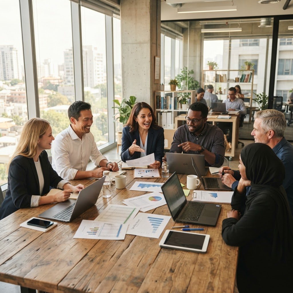Business team collaborating around a table